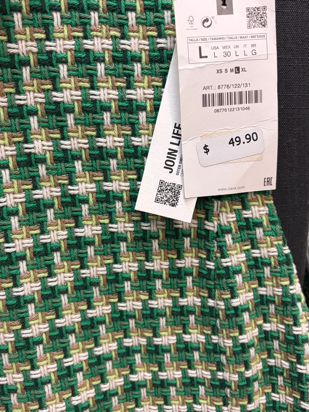 Zara Green White Beige Tweed Double-Breasted Blazer with Gold Buttons - Picture 3 of 6